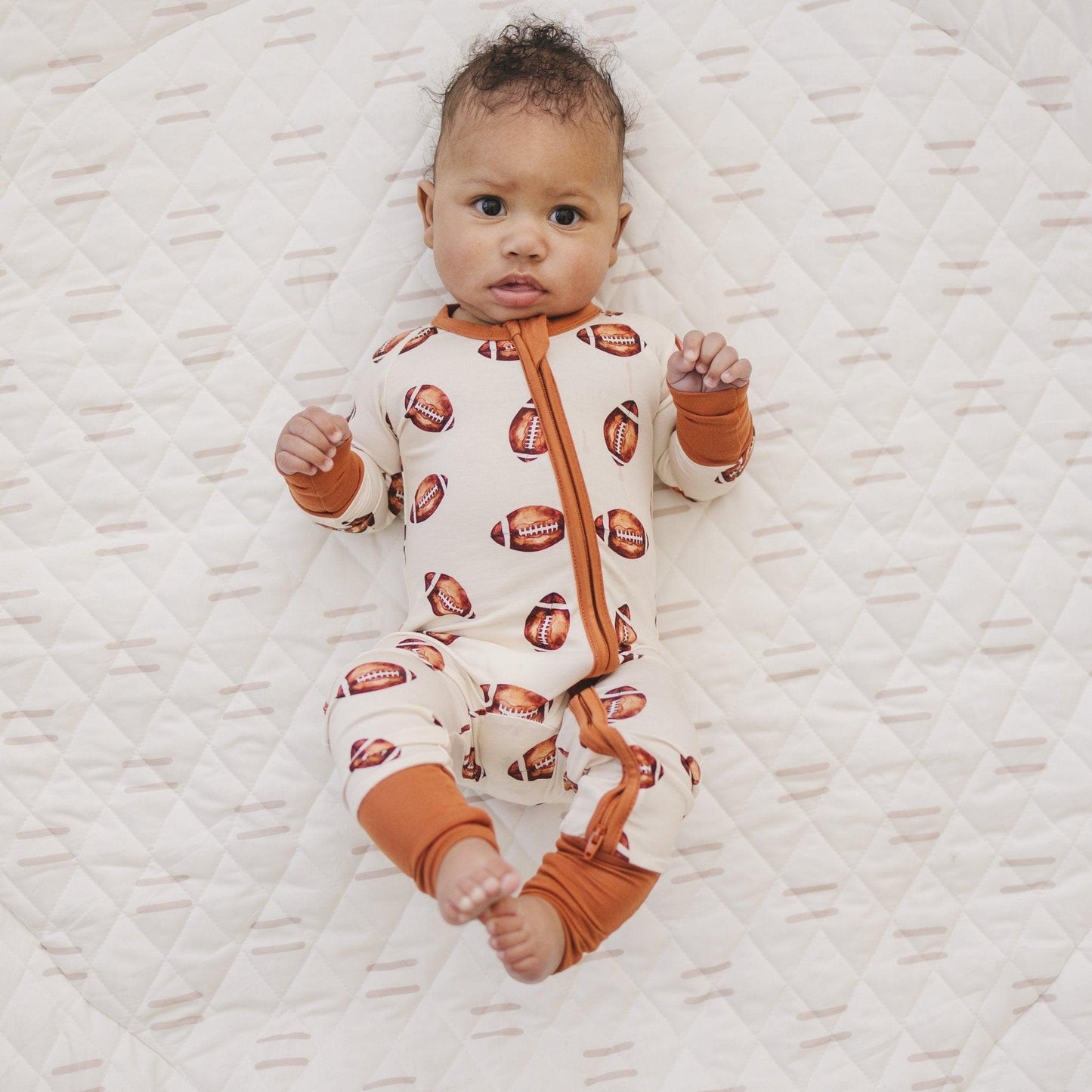 Football Print Bamboo Zippy Romper by Little Joy Co., product view 9