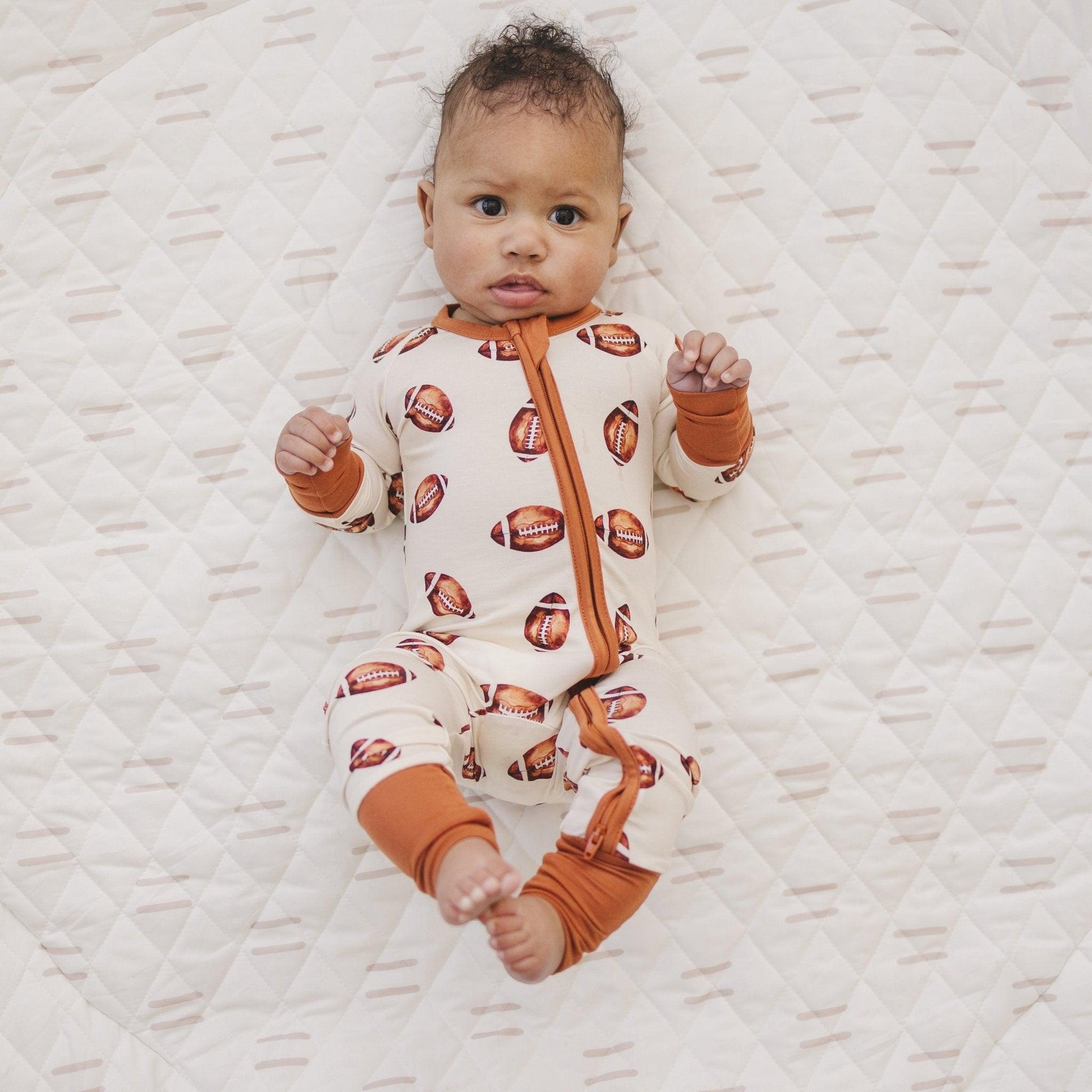 Football Print Bamboo Zippy Romper by Little Joy Co., product view 9