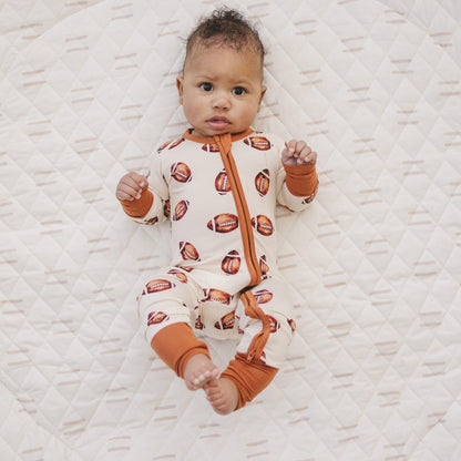 Football Print Bamboo Zippy Romper by Little Joy Co., product view 9