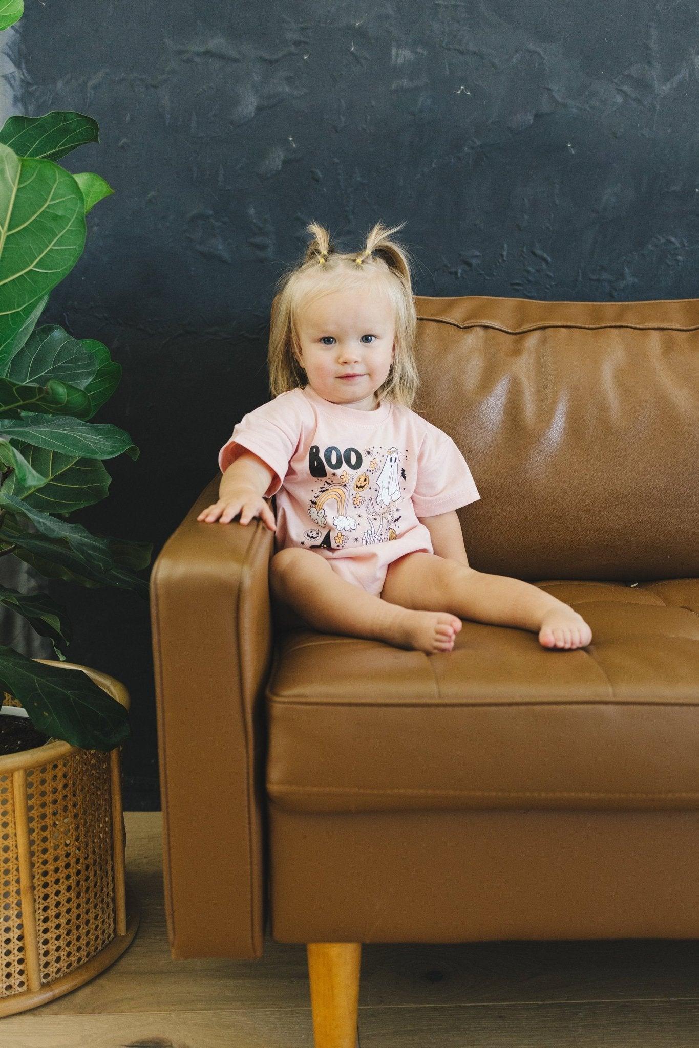 Halloween Print Organic Cotton T-Shirt Romper by Little Joy Co., product view 3