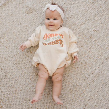 Gobble Til You Wobble Sweatshirt Romper - more colors by Little Joy Co., product view 2