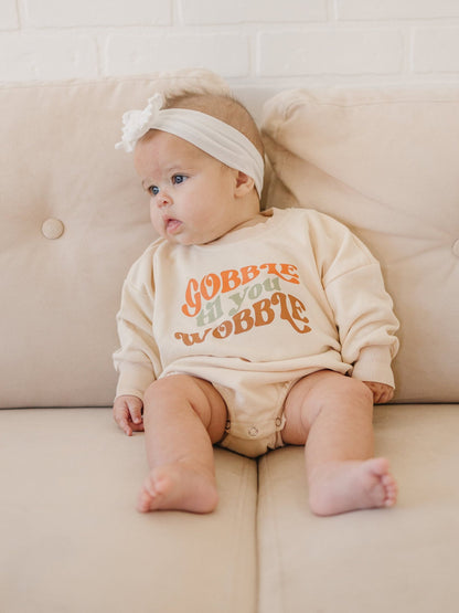 Gobble Til You Wobble Sweatshirt Romper - more colors by Little Joy Co., product view 3