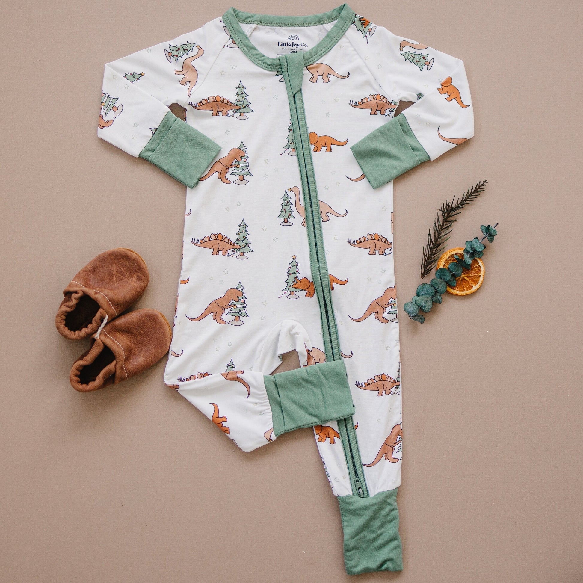 Christmas Tree-Rex Dino Bamboo Zippy Romper *Newborn left by Little Joy Co., product view 2