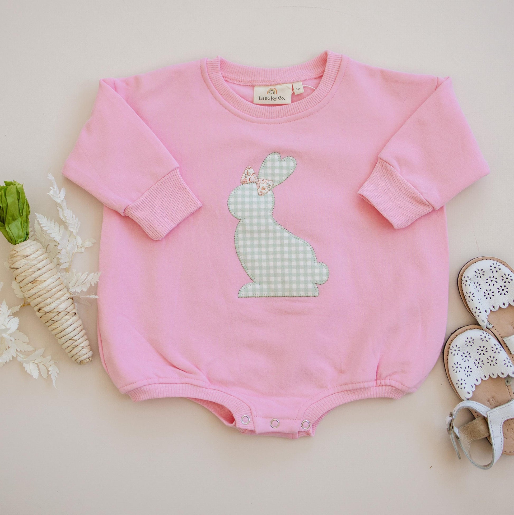 Applique Bunny Sweatshirt Romper - Infant Baby Toddler Girl - Easter Outfit by Little Joy Co.