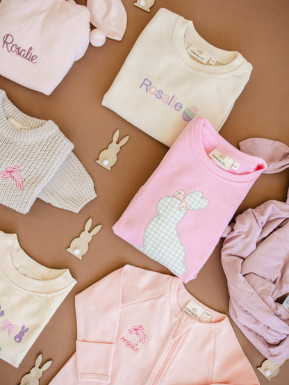 Applique Bunny Sweatshirt Romper - Infant Baby Toddler Girl - Easter Outfit by Little Joy Co., product view 5