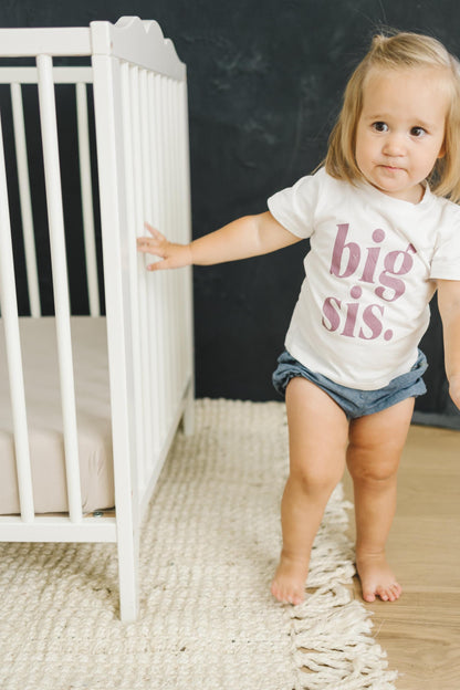 Big Sis T-Shirt: Purple Lettering, Sister Announcement Outfit by Little Joy Co., product view 2
