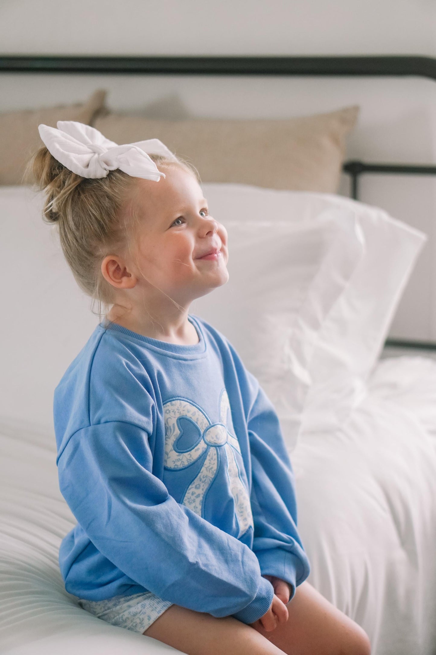 Blue Toile Applique Bow: Baby Sweatshirt Romper or Crewneck by Little Joy Co., product view 4