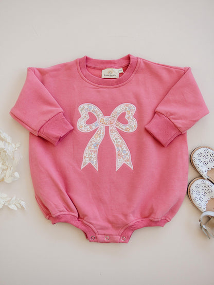 Pink Baby Romper: Floral Bow Applique Sweatshirt Outfit by Little Joy Co., product view 2