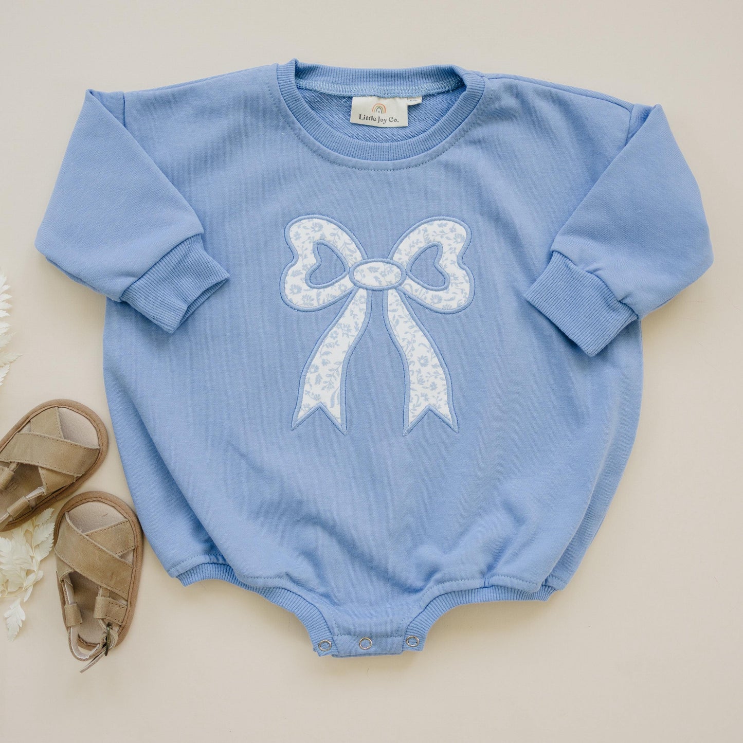 Blue Toile Applique Bow: Baby Sweatshirt Romper or Crewneck by Little Joy Co., product view 7