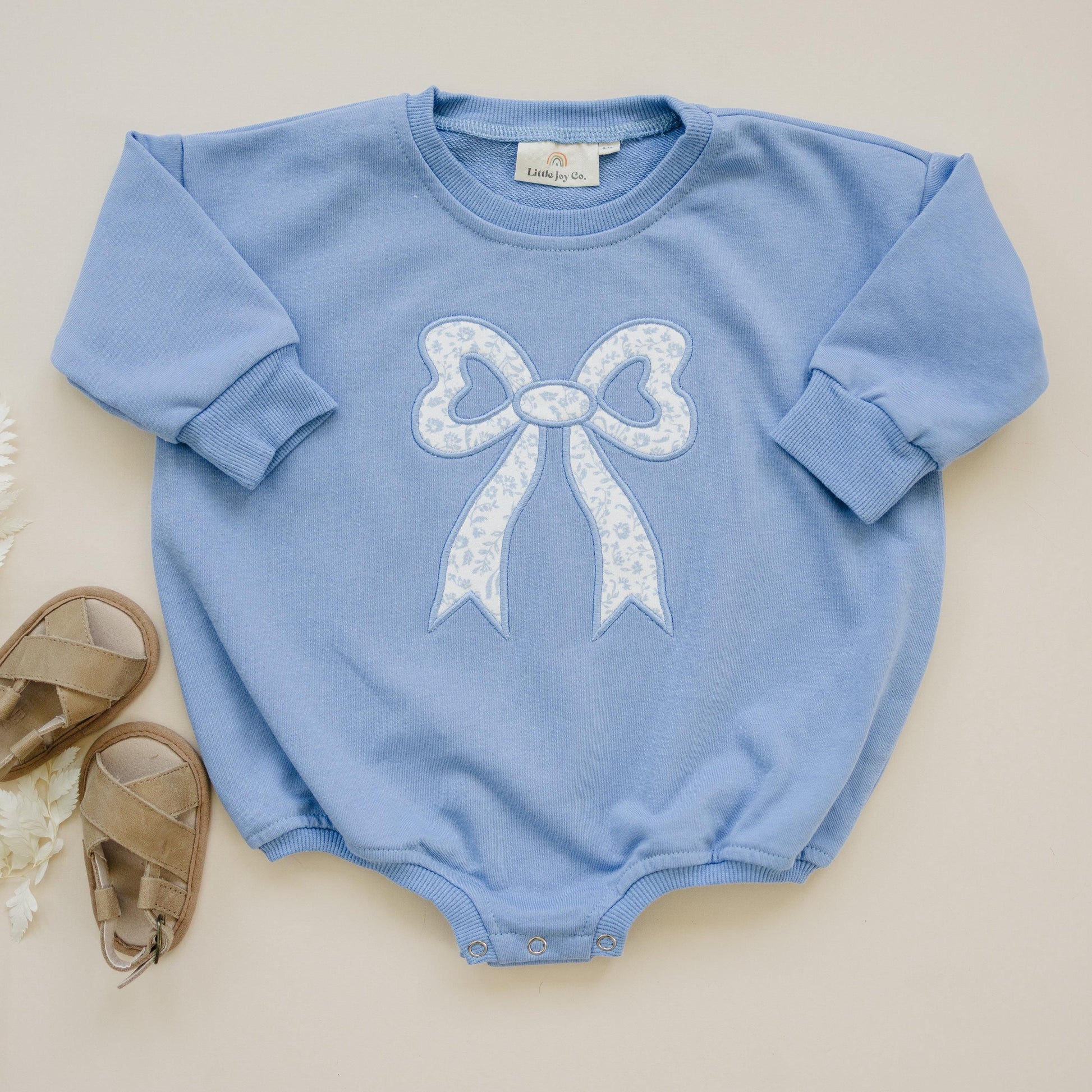 Blue Toile Applique Bow: Baby Sweatshirt Romper or Crewneck by Little Joy Co., product view 7