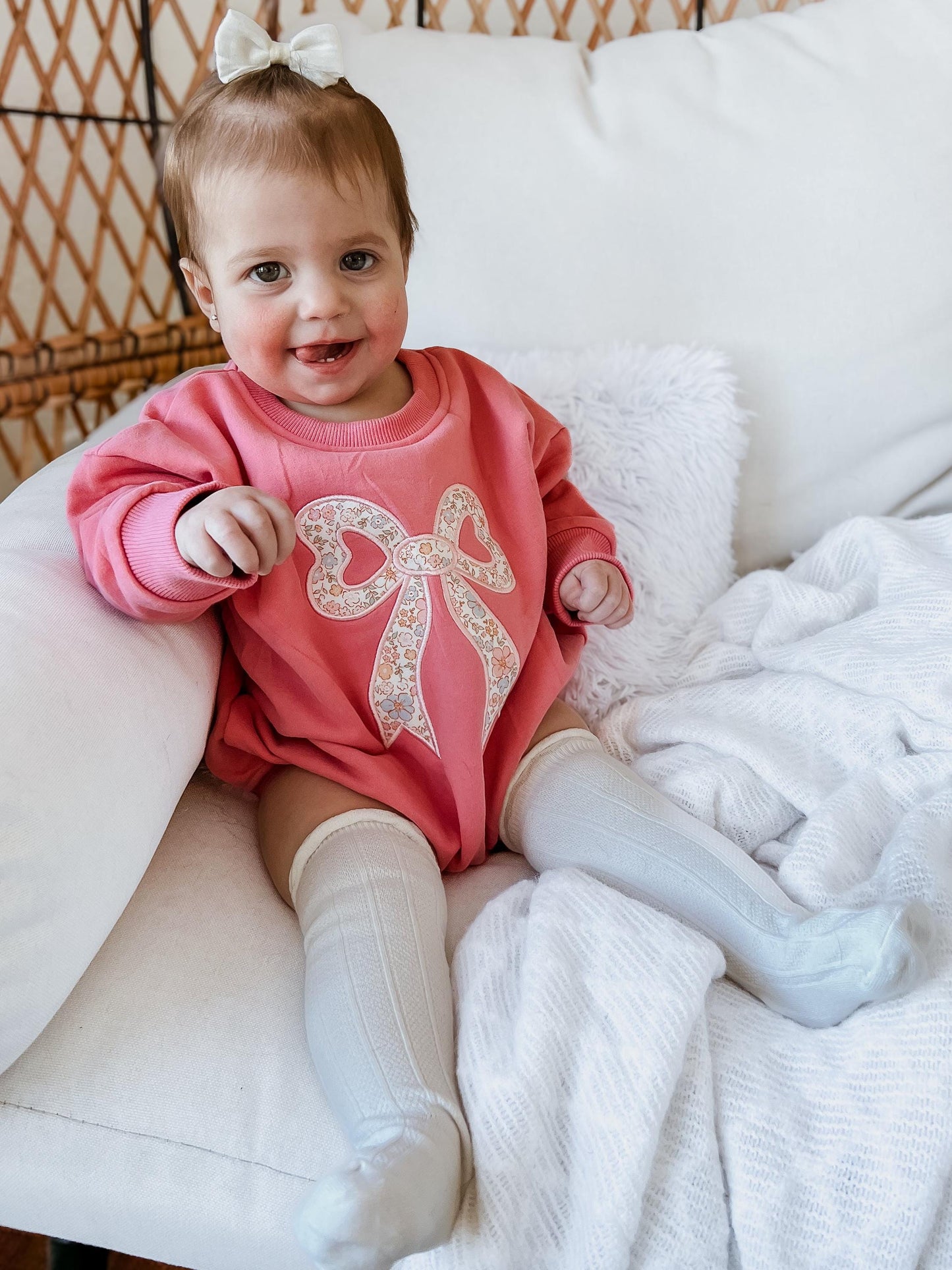 Pink Baby Romper: Floral Bow Applique Sweatshirt Outfit by Little Joy Co., product view 3