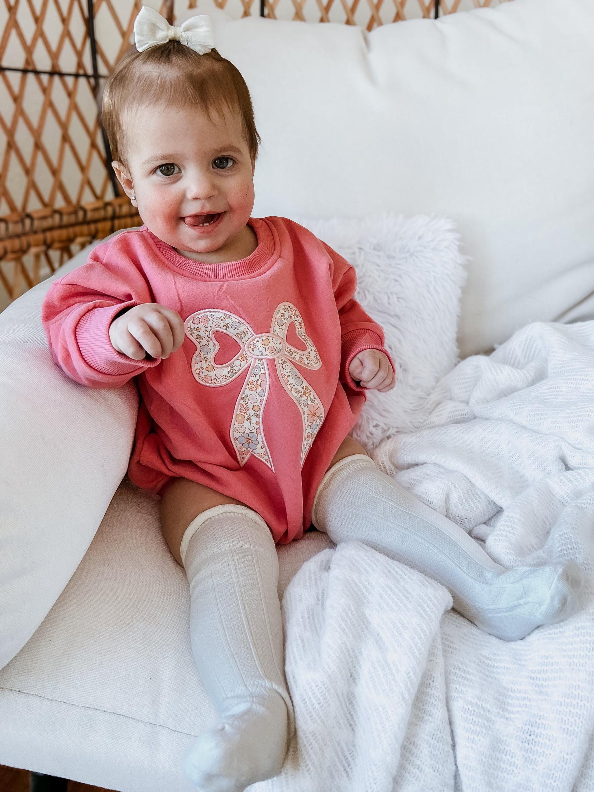 Pink Baby Romper: Floral Bow Applique Sweatshirt Outfit by Little Joy Co., product view 3