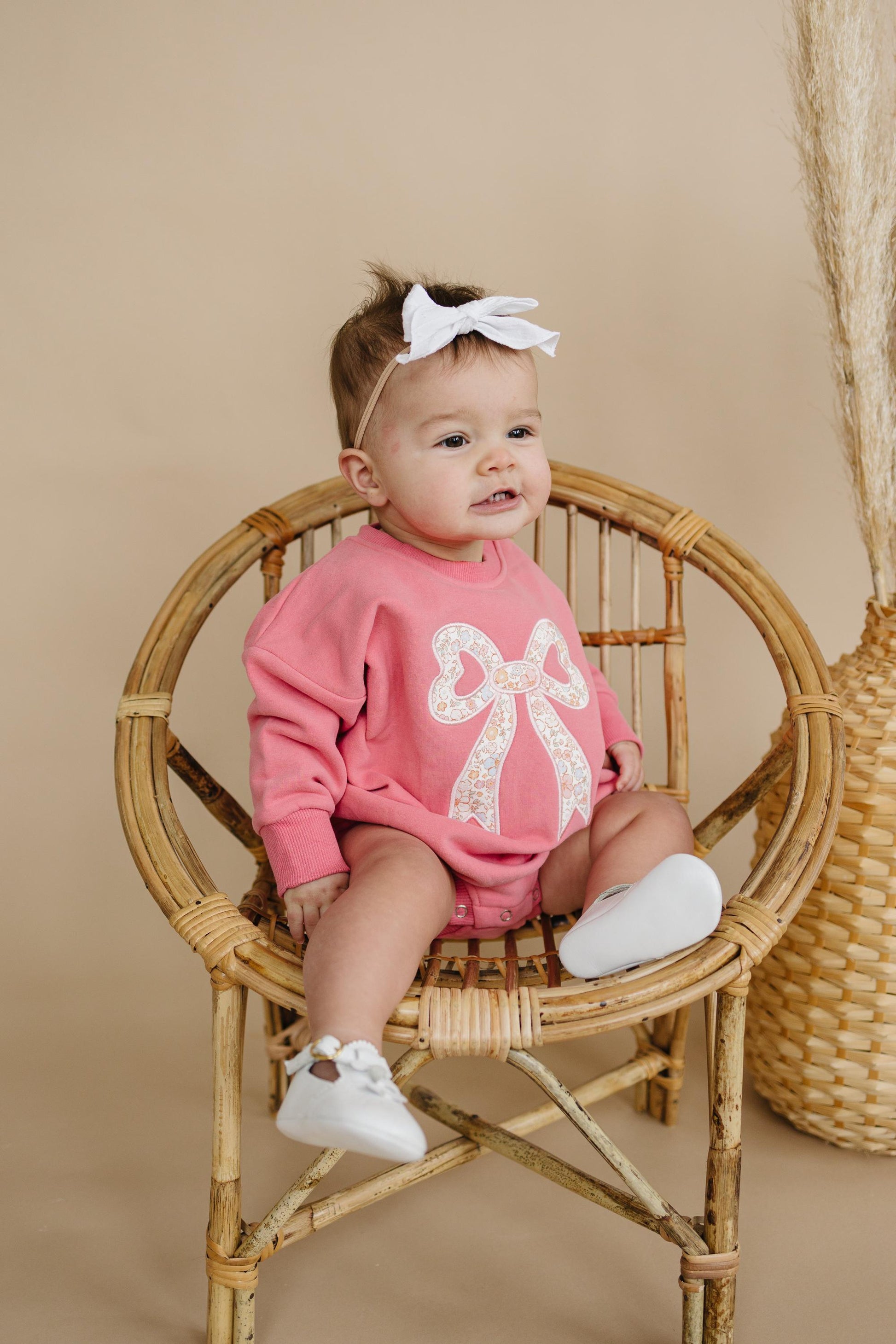 Pink Baby Romper: Floral Bow Applique Sweatshirt Outfit by Little Joy Co., product view 4
