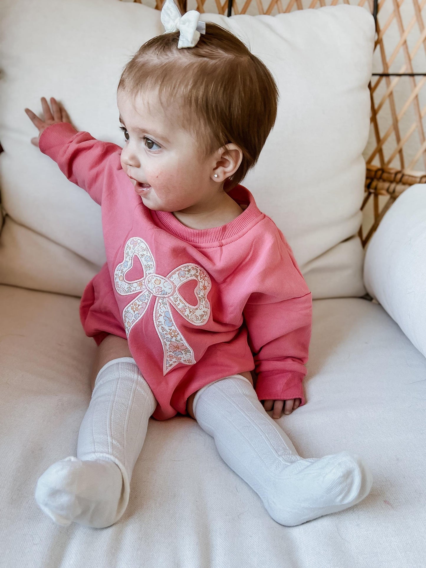 Pink Baby Romper: Floral Bow Applique Sweatshirt Outfit by Little Joy Co., product view 5