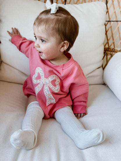 Pink Baby Romper: Floral Bow Applique Sweatshirt Outfit by Little Joy Co., product view 5