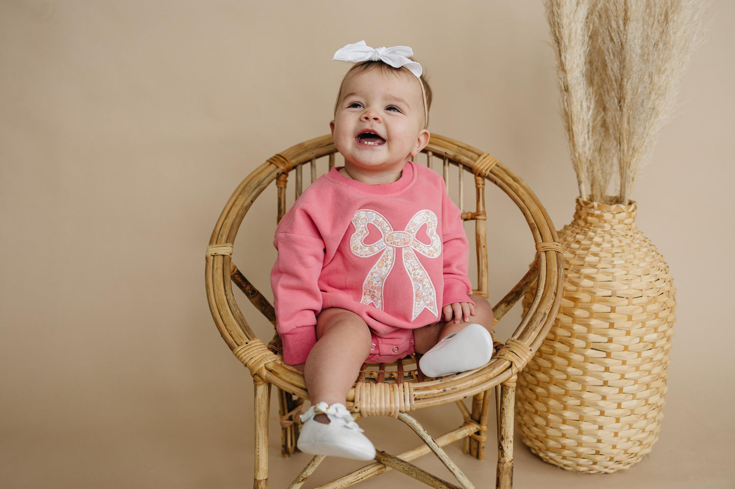 Pink Baby Romper: Floral Bow Applique Sweatshirt Outfit by Little Joy Co., product view 6