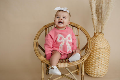 Pink Baby Romper: Floral Bow Applique Sweatshirt Outfit by Little Joy Co., product view 6