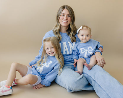 Blue Toile Applique Bow: Baby Sweatshirt Romper or Crewneck by Little Joy Co., product view 10