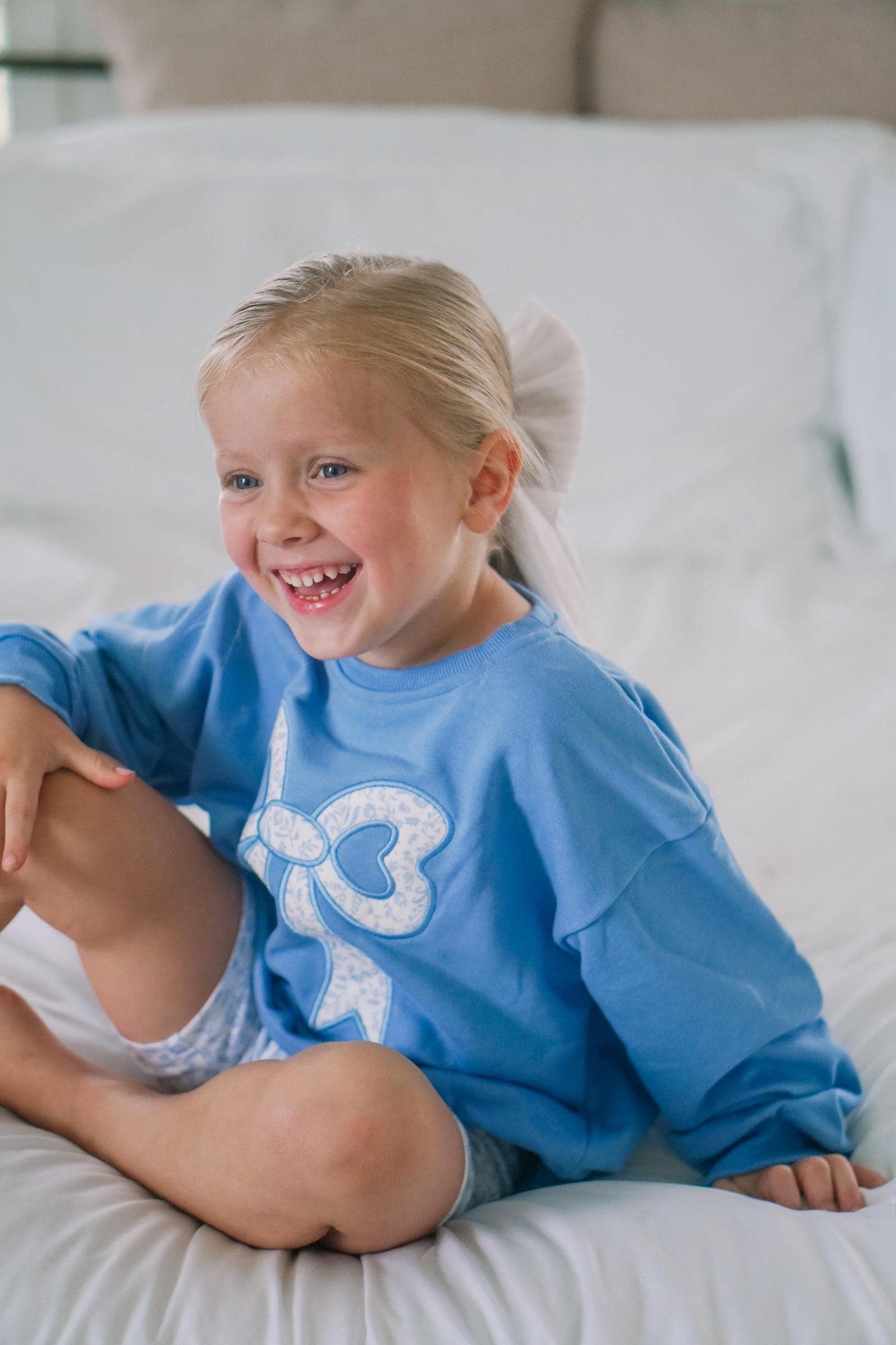 Blue Toile Applique Bow: Baby Sweatshirt Romper or Crewneck by Little Joy Co., product view 2