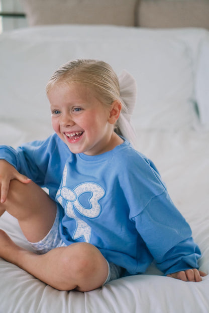 Blue Toile Applique Bow: Baby Sweatshirt Romper or Crewneck by Little Joy Co., product view 2