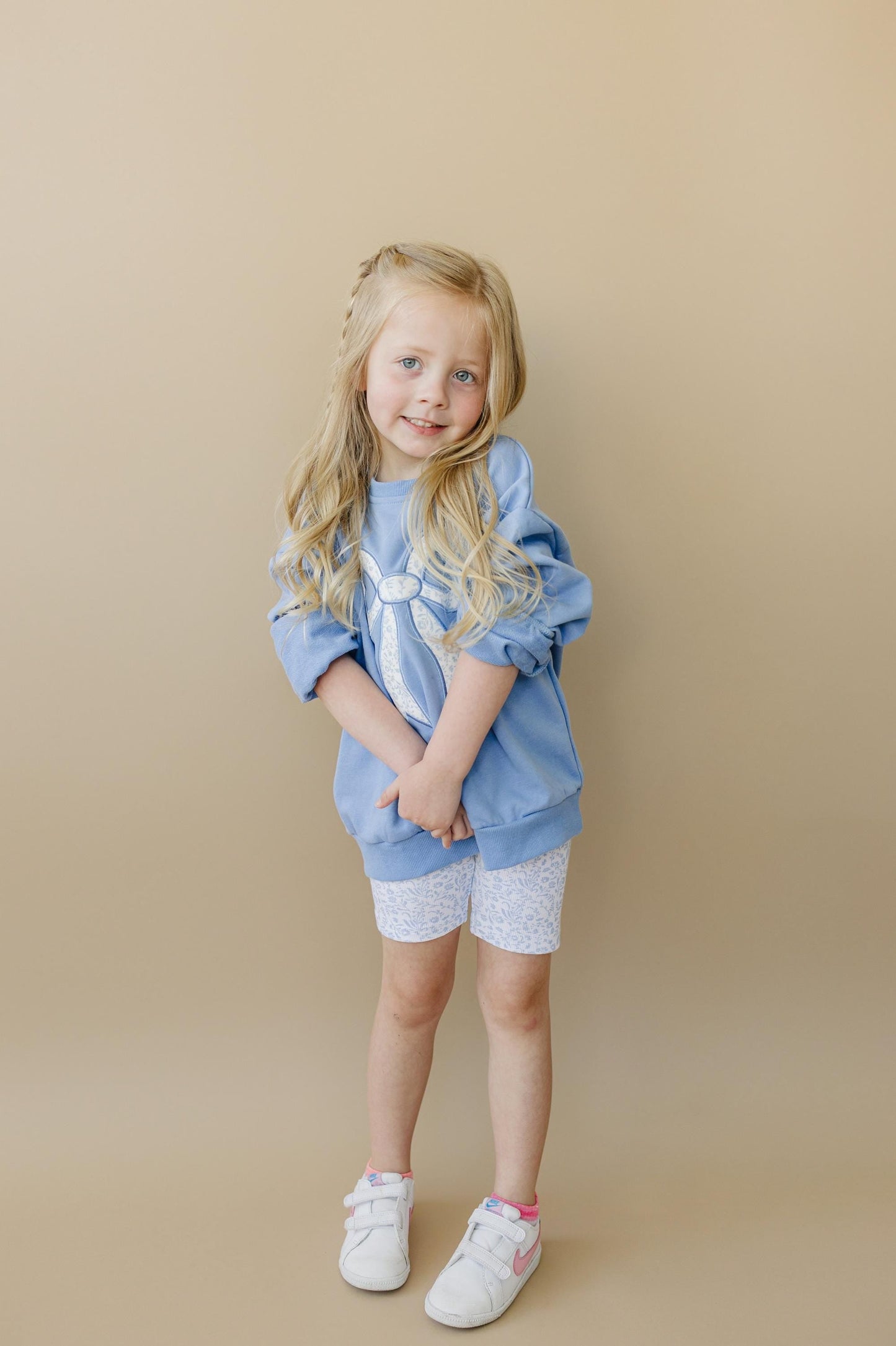Blue Toile Applique Bow: Baby Sweatshirt Romper or Crewneck by Little Joy Co., product view 5