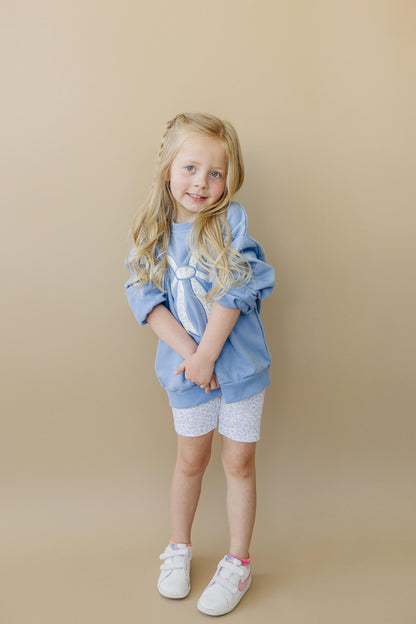 Blue Toile Applique Bow: Baby Sweatshirt Romper or Crewneck by Little Joy Co., product view 5