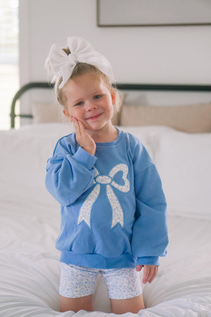 Blue Toile Applique Bow: Baby Sweatshirt Romper or Crewneck by Little Joy Co., product view 6