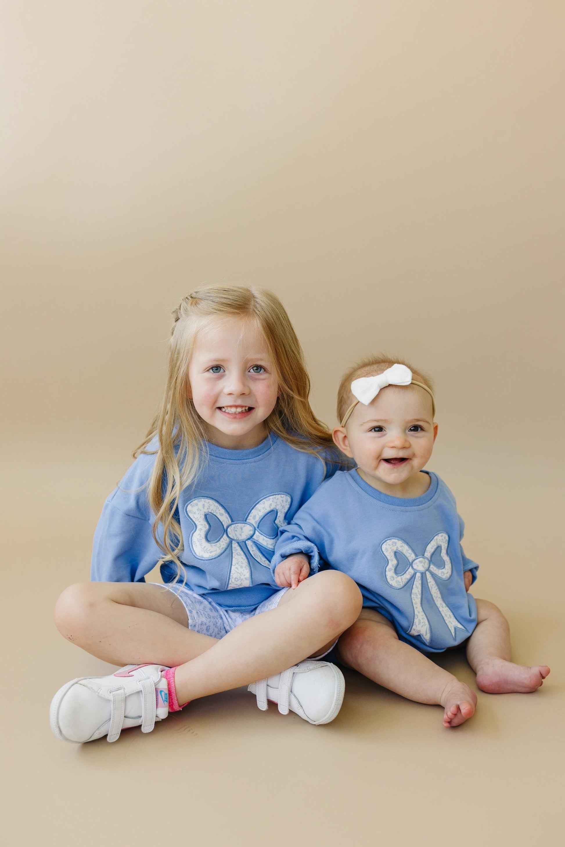 Blue Toile Applique Bow: Baby Sweatshirt Romper or Crewneck by Little Joy Co., product view 8