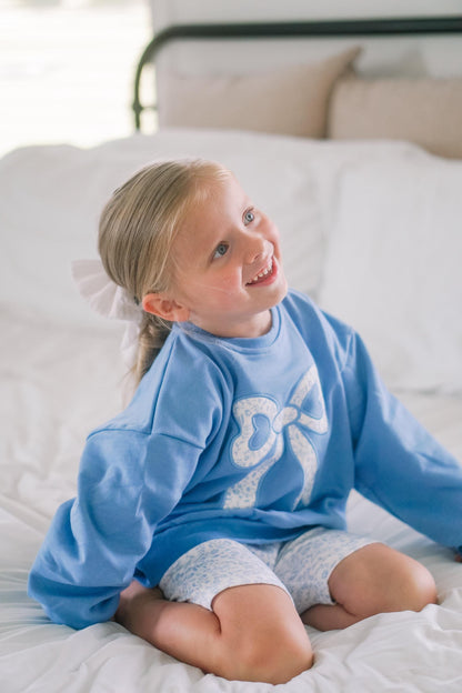 Blue Toile Applique Bow: Baby Sweatshirt Romper or Crewneck by Little Joy Co., product view 9