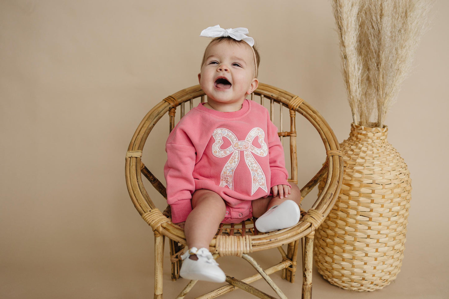 Pink Baby Romper: Floral Bow Applique Sweatshirt Outfit by Little Joy Co., product view 7
