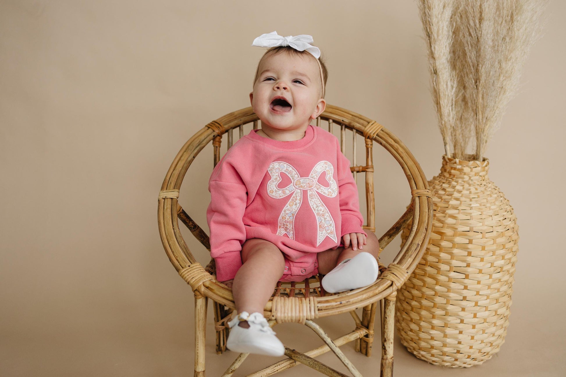 Pink Baby Romper: Floral Bow Applique Sweatshirt Outfit by Little Joy Co., product view 7