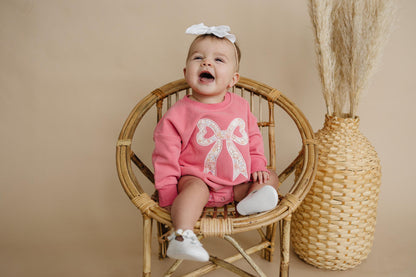 Pink Baby Romper: Floral Bow Applique Sweatshirt Outfit by Little Joy Co., product view 7