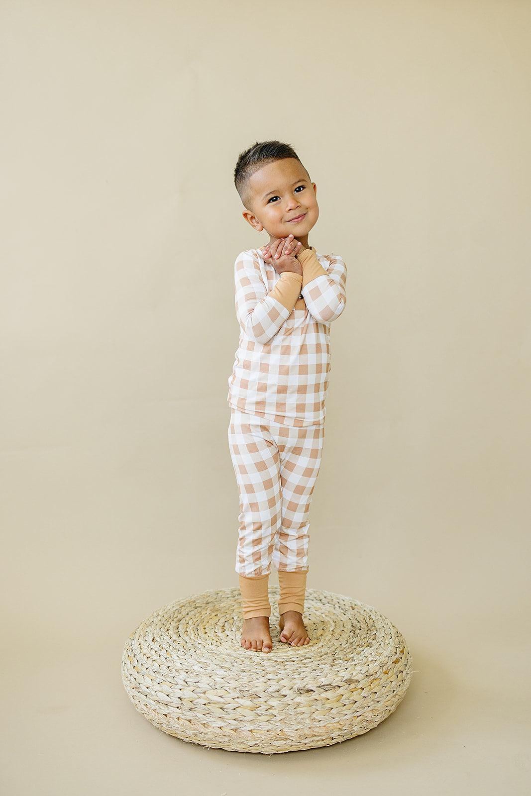 Golden Gingham 2pc Henley Bamboo Pajamas - Fall & Halloween Soft Baby PJs by Little Joy Co., product view 10