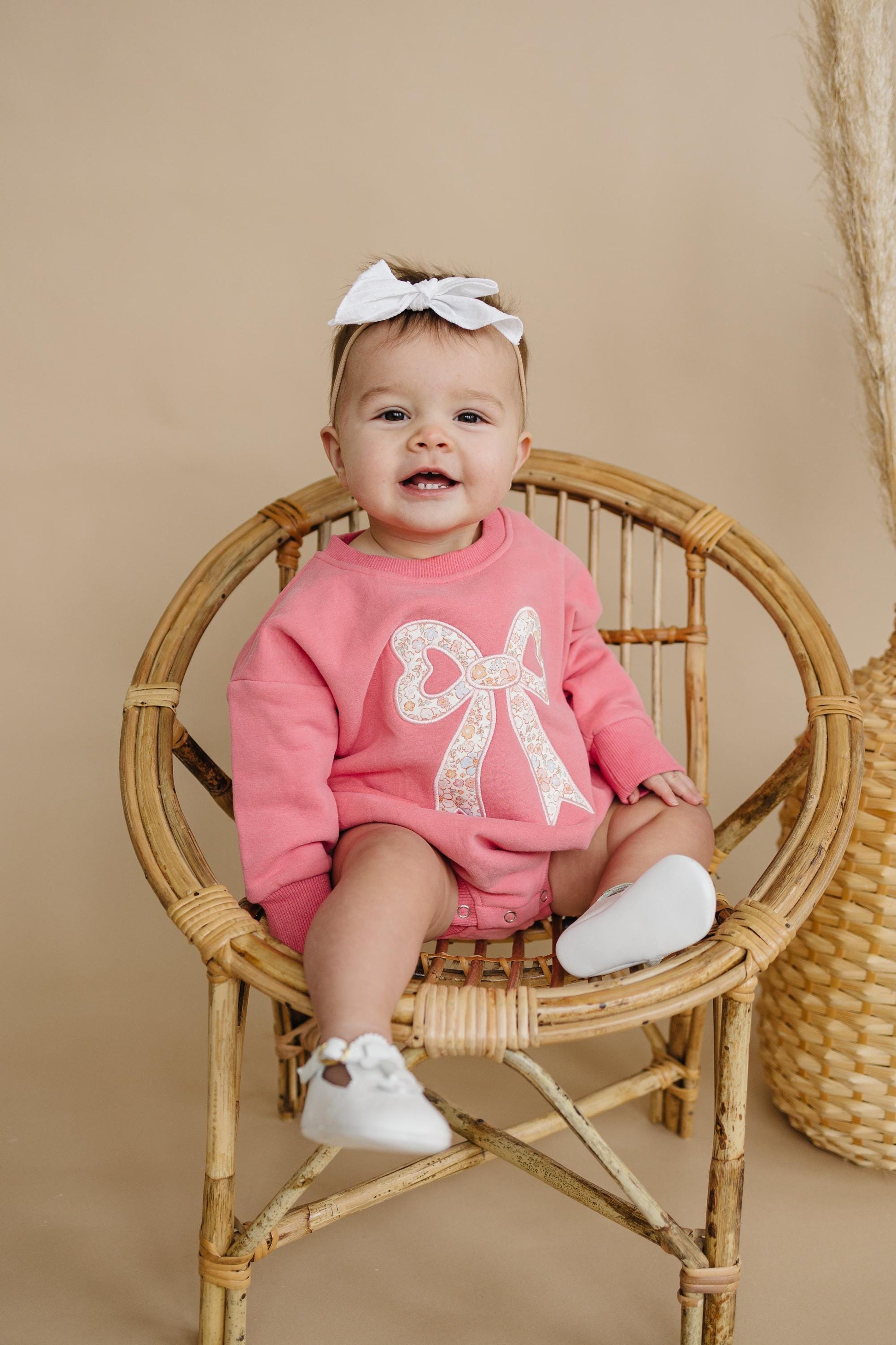 Pink Baby Romper: Floral Bow Applique Sweatshirt Outfit by Little Joy Co.