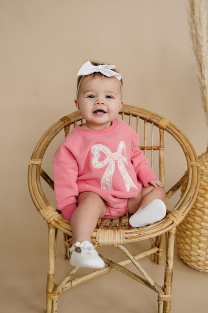 Pink Baby Romper: Floral Bow Applique Sweatshirt Outfit by Little Joy Co.