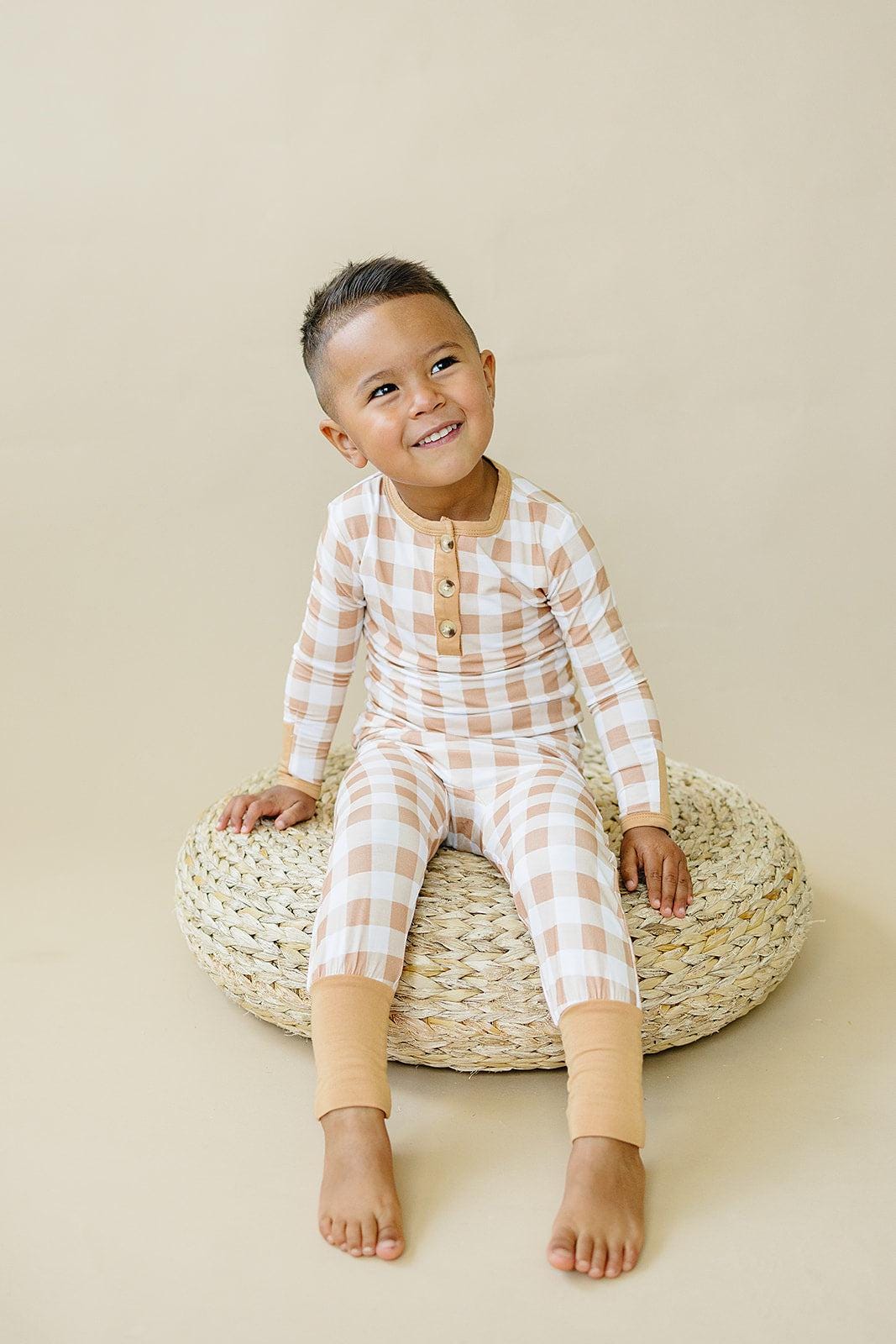Golden Gingham 2pc Henley Bamboo Pajamas - Fall & Halloween Soft Baby PJs by Little Joy Co., product view 2