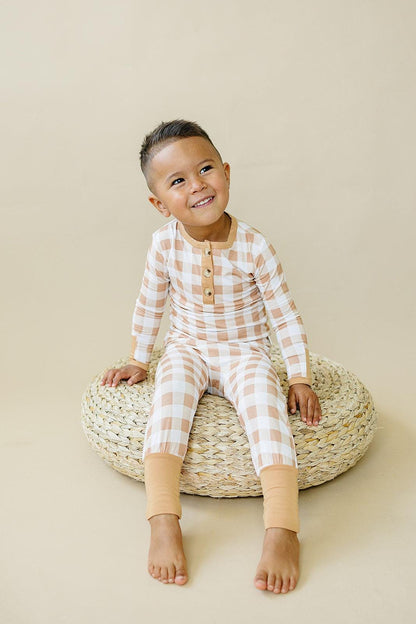 Golden Gingham 2pc Henley Bamboo Pajamas - Fall & Halloween Soft Baby PJs by Little Joy Co., product view 2