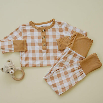 Golden Gingham 2pc Henley Bamboo Pajamas - Fall & Halloween Soft Baby PJs by Little Joy Co., product view 3