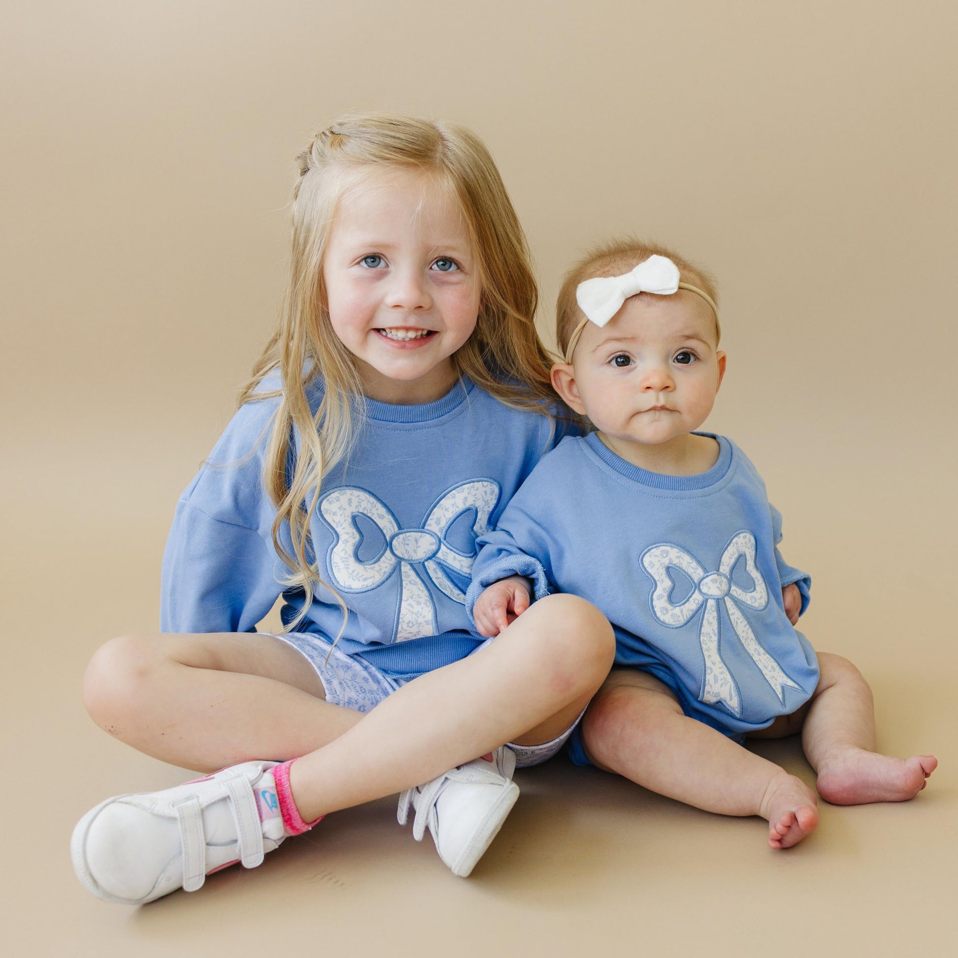 Blue Toile Applique Bow: Baby Sweatshirt Romper or Crewneck by Little Joy Co.