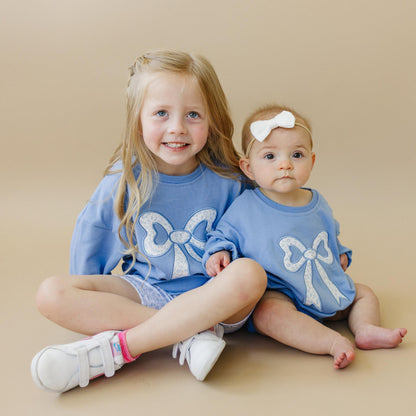 Blue Toile Applique Bow: Baby Sweatshirt Romper or Crewneck by Little Joy Co.
