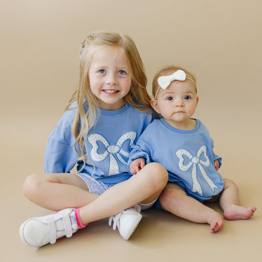 Blue Toile Applique Bow: Baby Sweatshirt Romper or Crewneck by Little Joy Co.