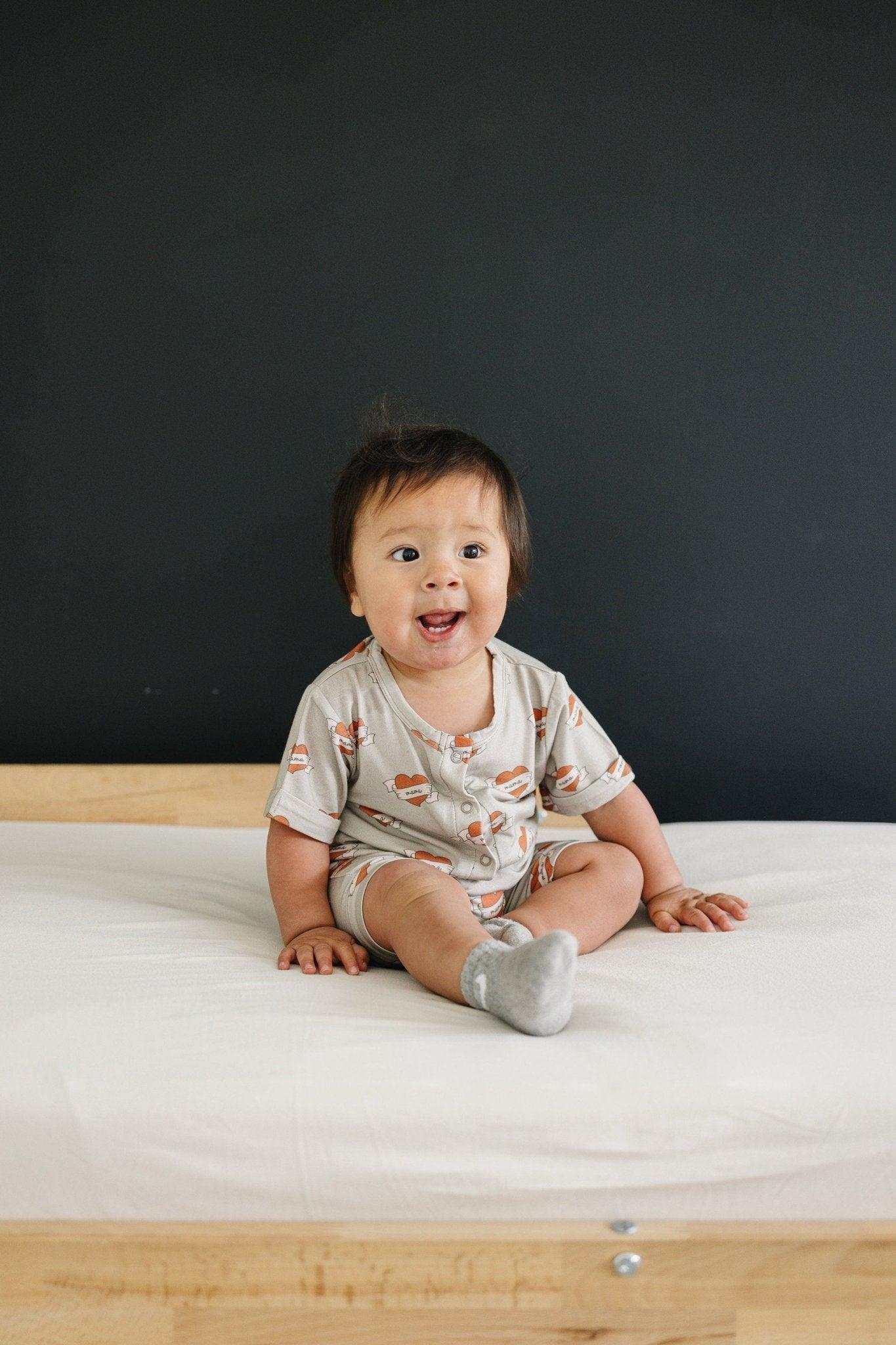 Mama Tattoo Hearts Bamboo Henley Romper by Little Joy Co., product view 8