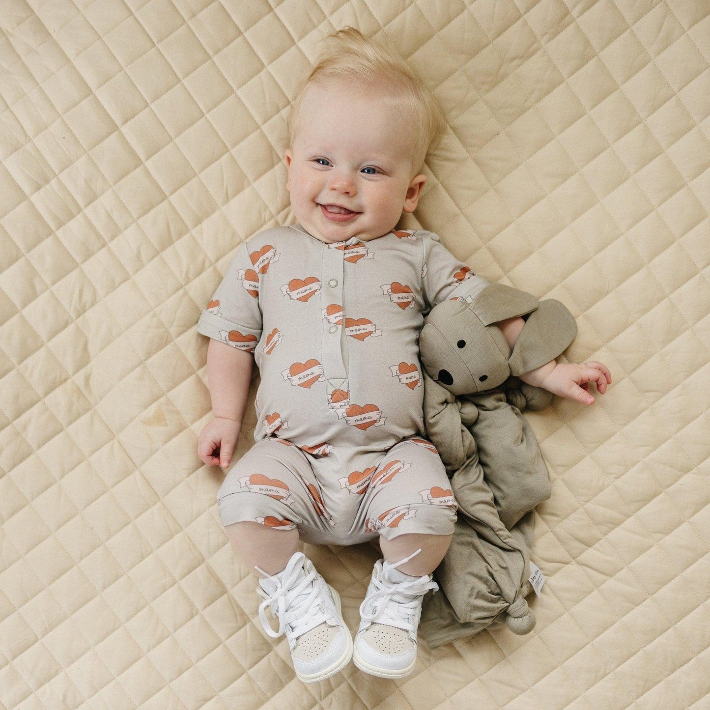 Mama Tattoo Hearts Bamboo Henley Romper by Little Joy Co.