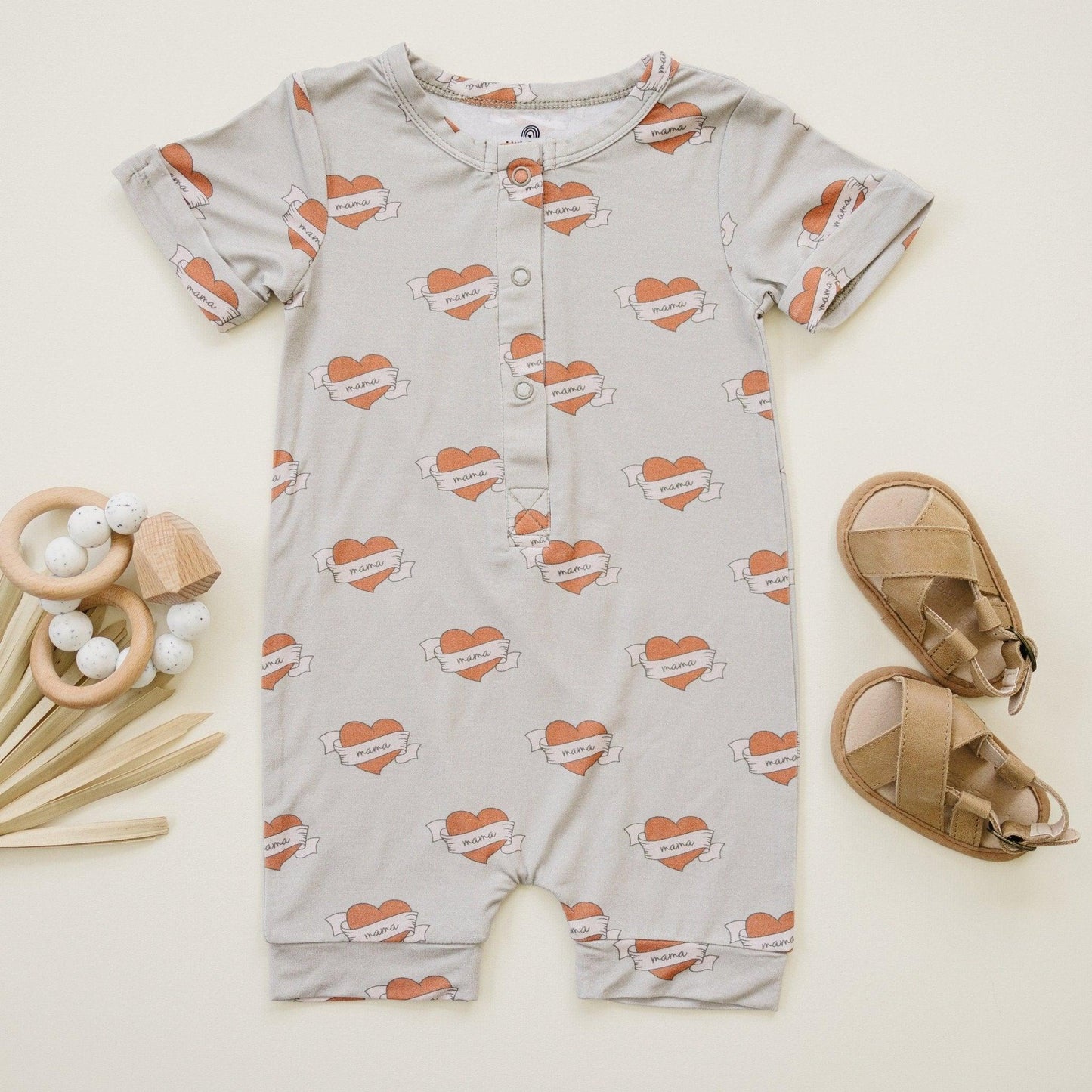 Mama Tattoo Hearts Bamboo Henley Romper by Little Joy Co., product view 3