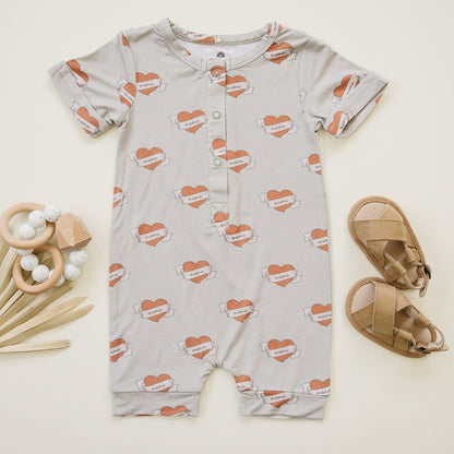 Mama Tattoo Hearts Bamboo Henley Romper by Little Joy Co., product view 3