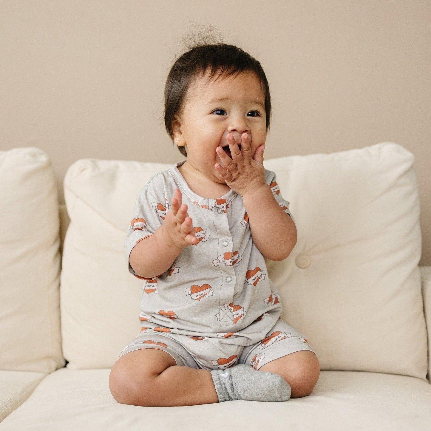 Mama Tattoo Hearts Bamboo Henley Romper by Little Joy Co., product view 2
