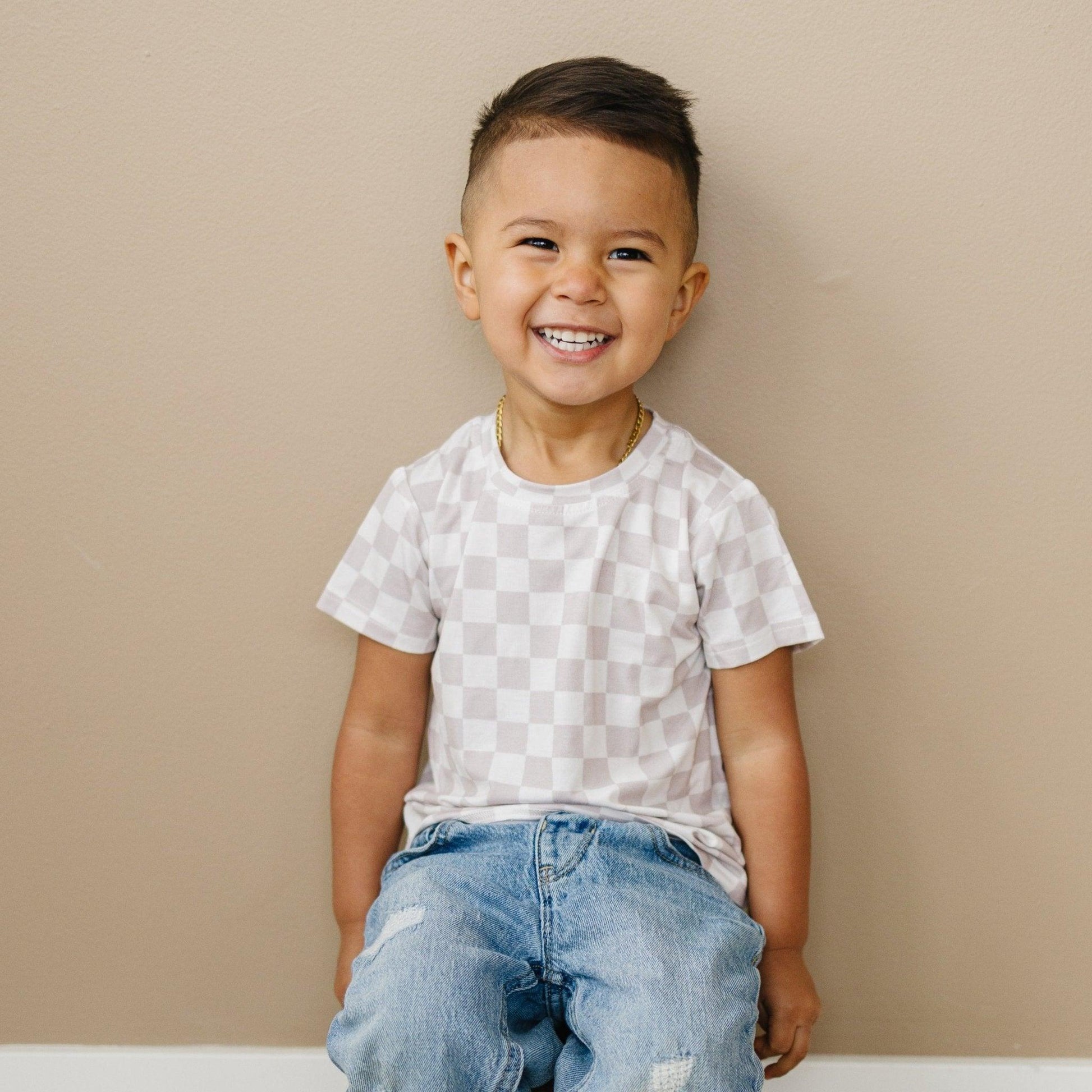 Neutral Checkered Bamboo Tee *Sizes 3/6m & sz 6 left by Little Joy Co.