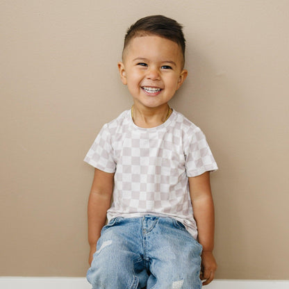 Neutral Checkered Bamboo Tee *Sizes 3/6m & sz 6 left by Little Joy Co.