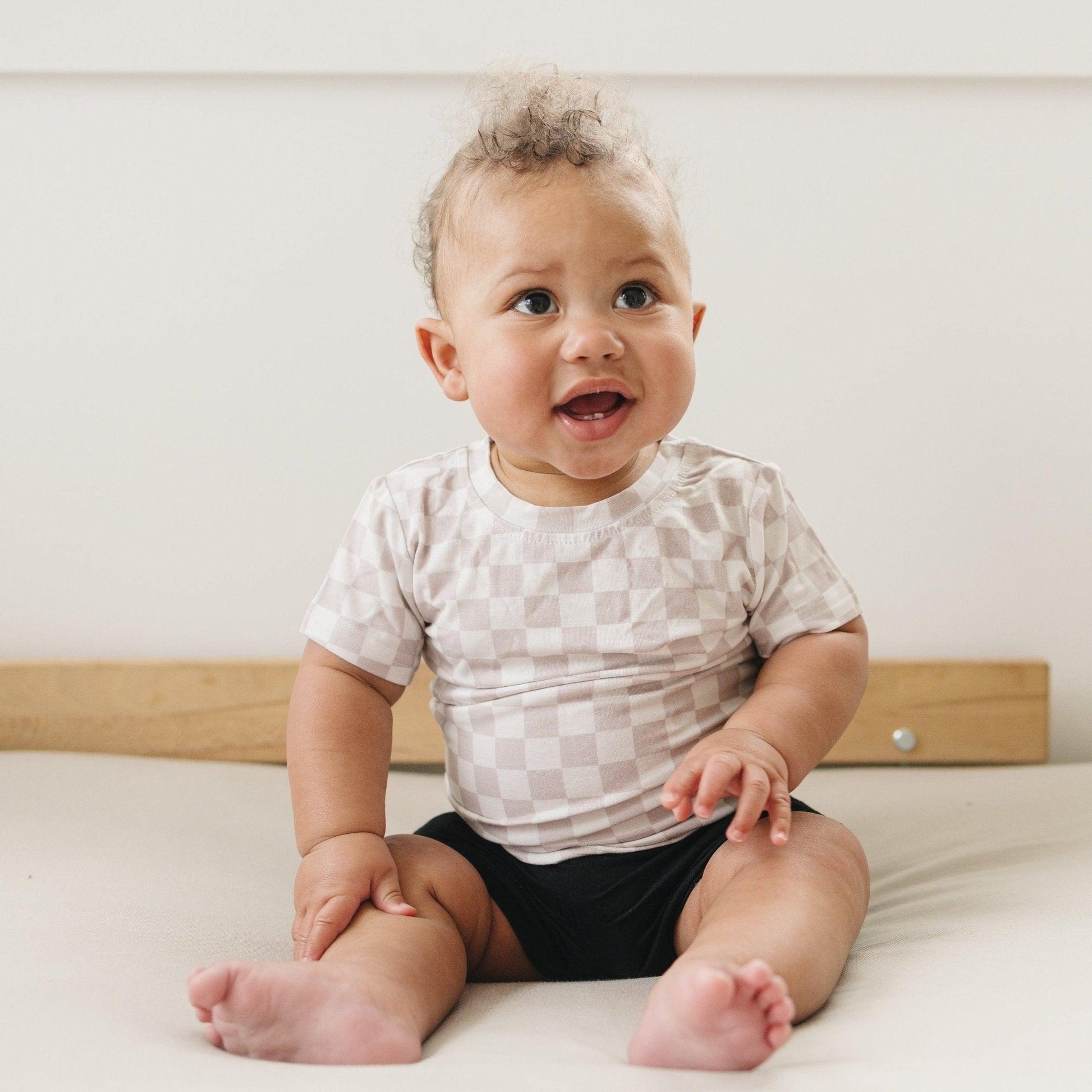 Neutral Checkered Bamboo Tee *Sizes 3/6m & sz 6 left by Little Joy Co., product view 3