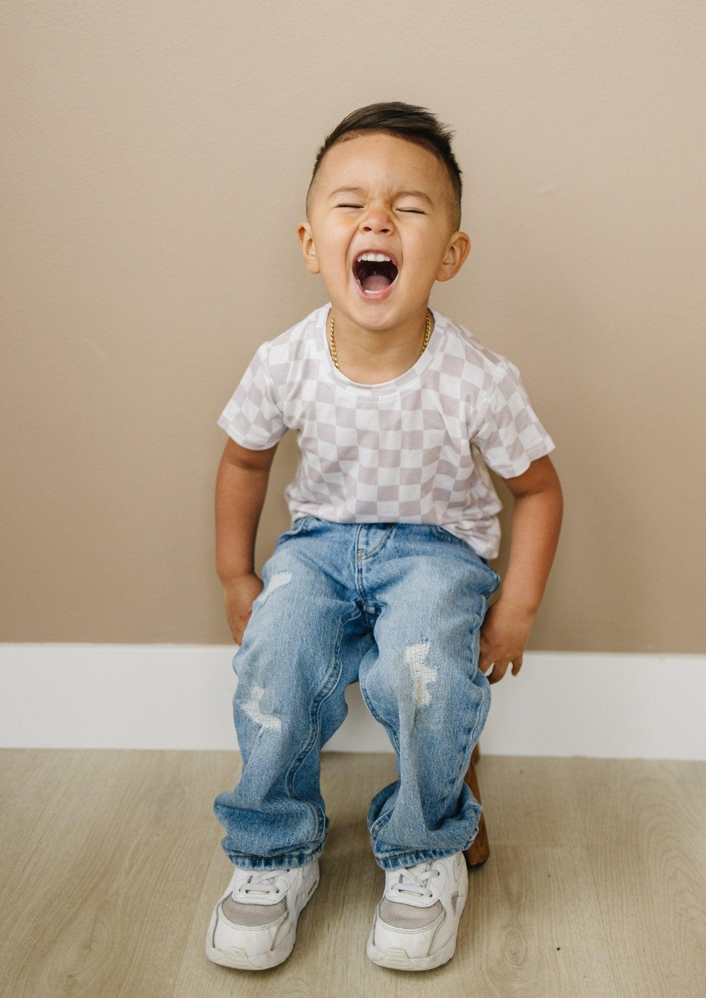 Neutral Checkered Bamboo Tee *Sizes 3/6m & sz 6 left by Little Joy Co., product view 6